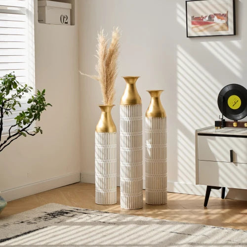 Modern Gold Leaf Pattern Metal Floor Vases Set Home Decor