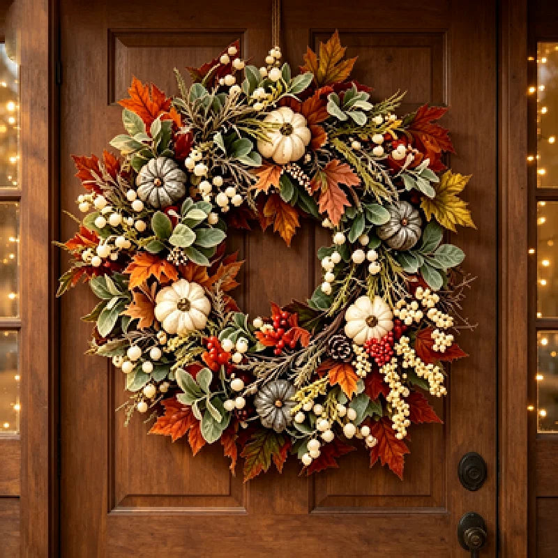Autumn Harvest Wreath With Pumpkins Pinecones And Maple Leaves for Home Decor