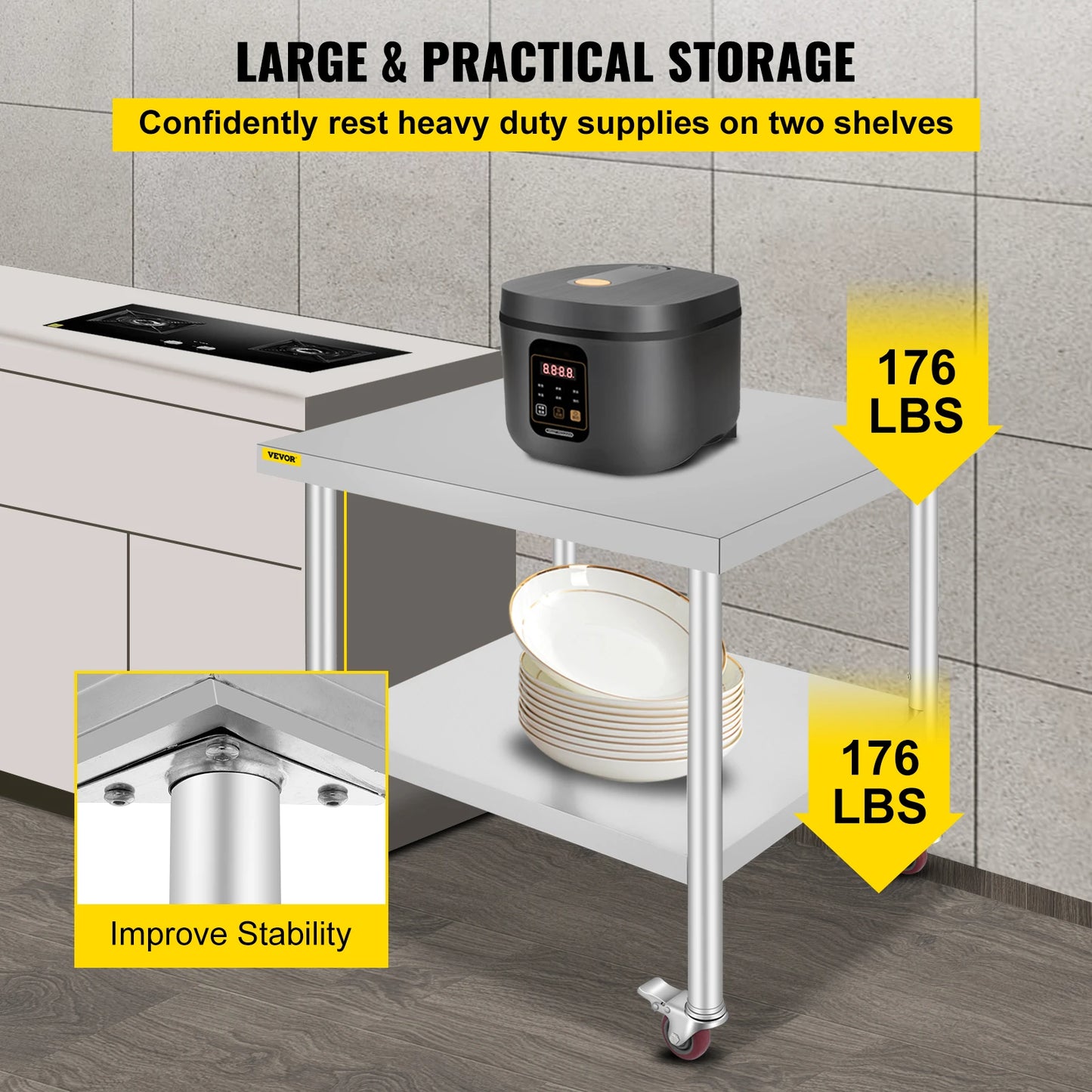SucceBuy Stainless Steel Kitchen Prep Table With Caster Wheels