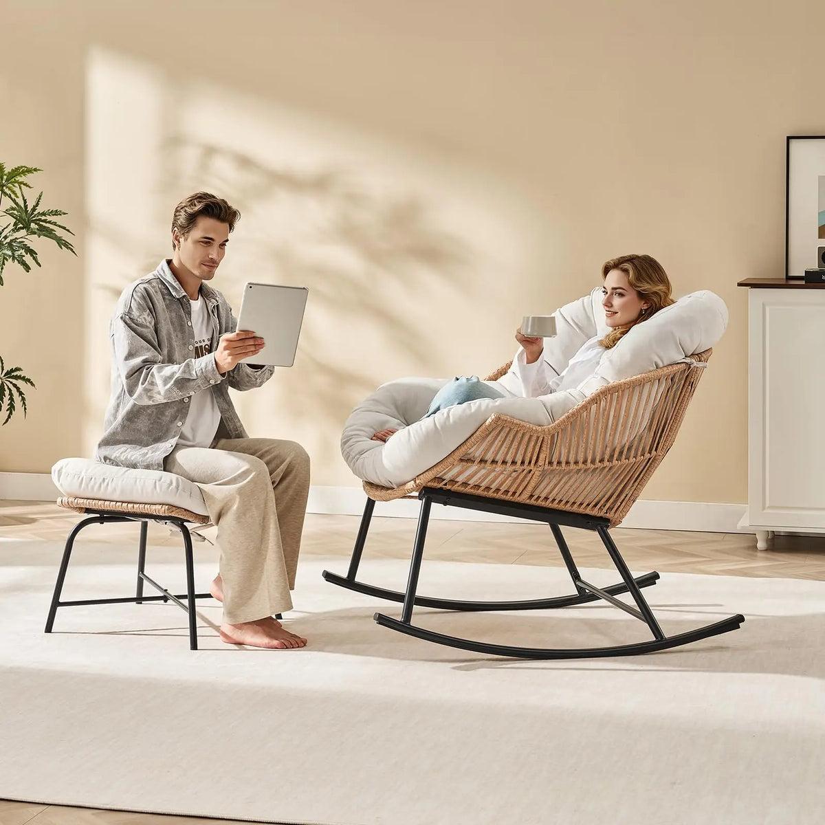 ONBRILL Rattan Papasan Rocking Chair And Ottoman Lounge Set
