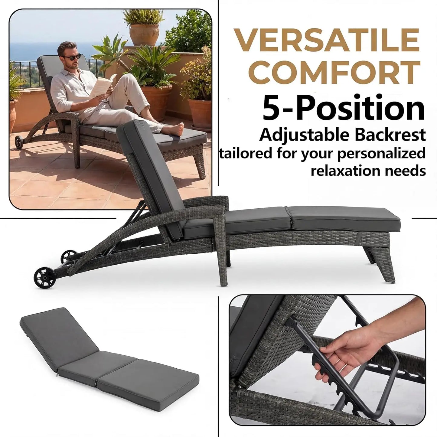 Outdoor Wicker Reclining Chaise Lounge Set 4 Position Adjustable Chairs