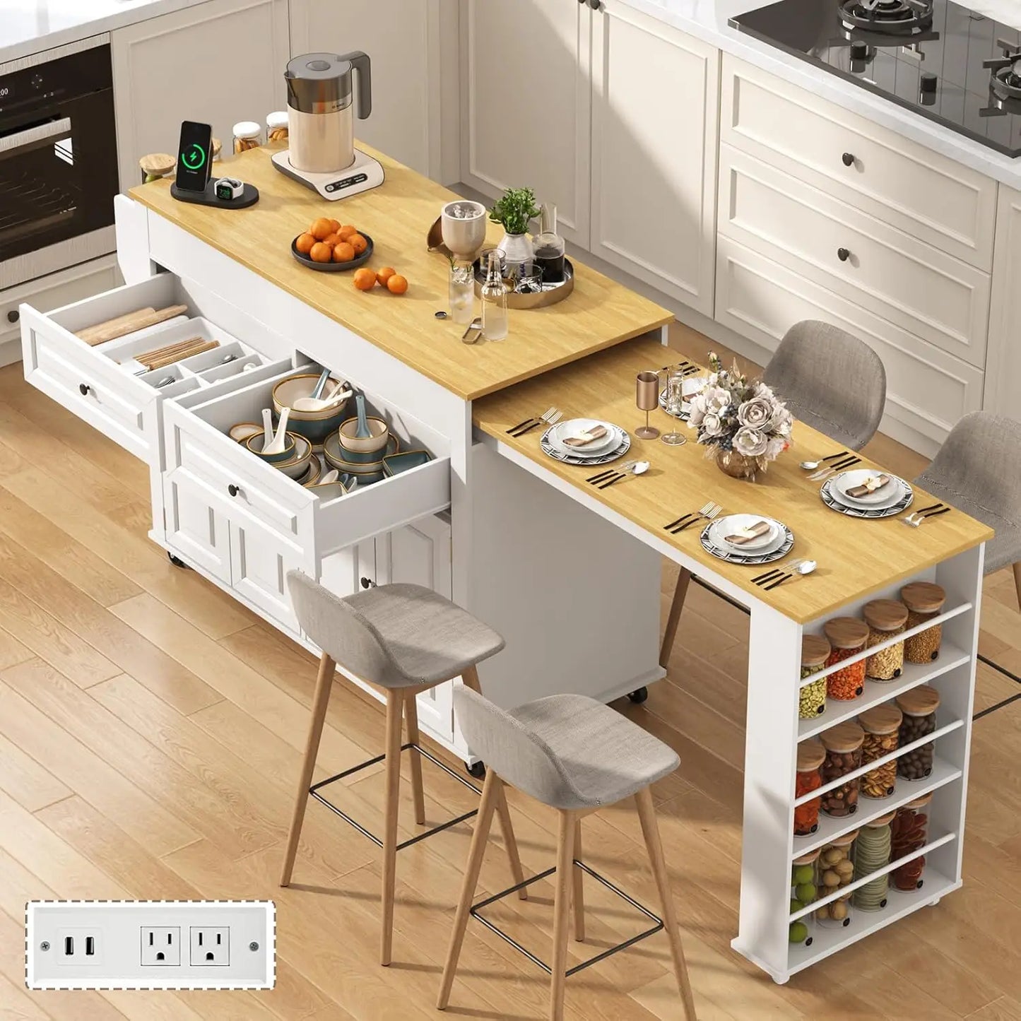 Extendable Kitchen Island With Dining Table And Power Outlet