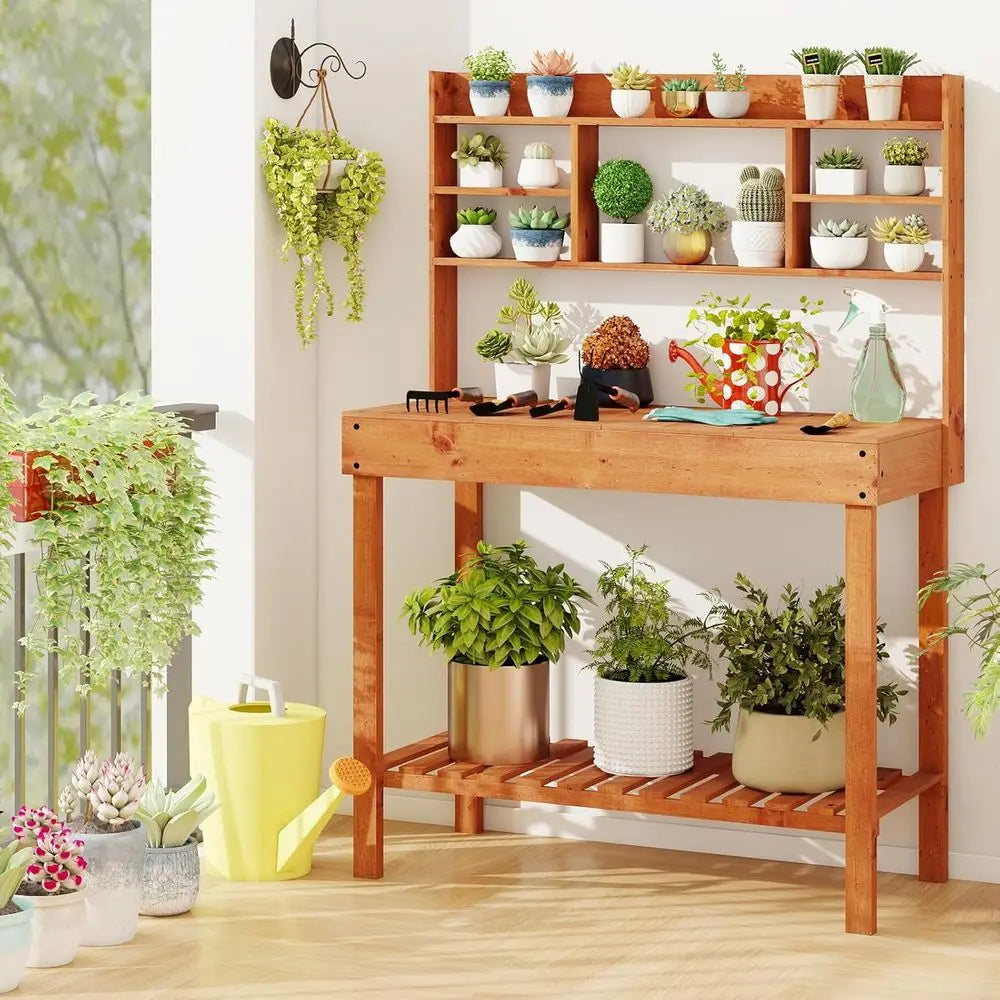 Potting Bench Table Outdoor Solid Wood Gardening Workstation