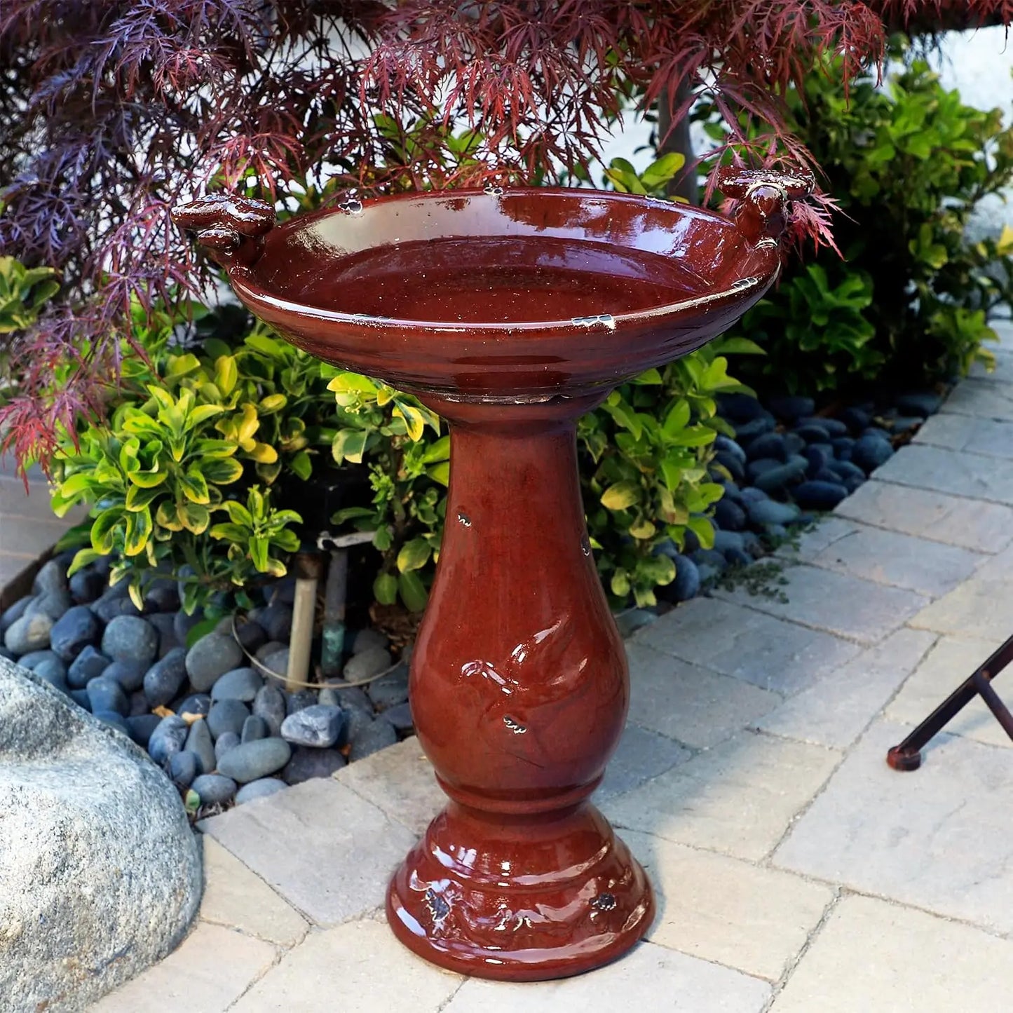 Antique Ceramic Birdbath With Two Bird Figurines For Garden