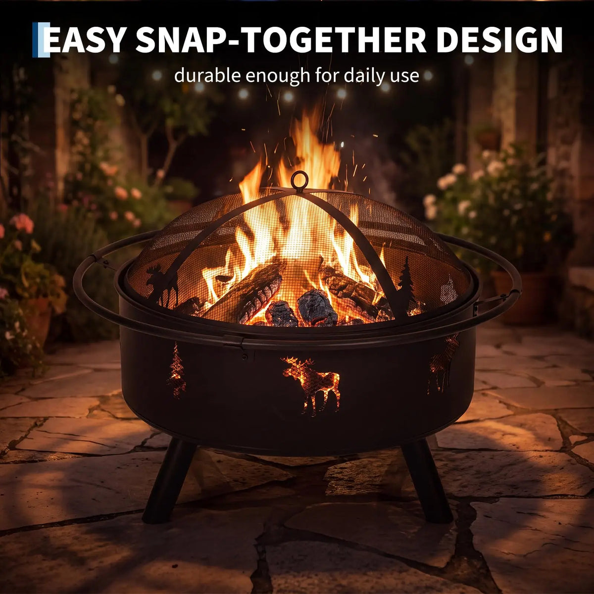 HiMISS Wood Burning Fire Pit With Spark Screen And Poker