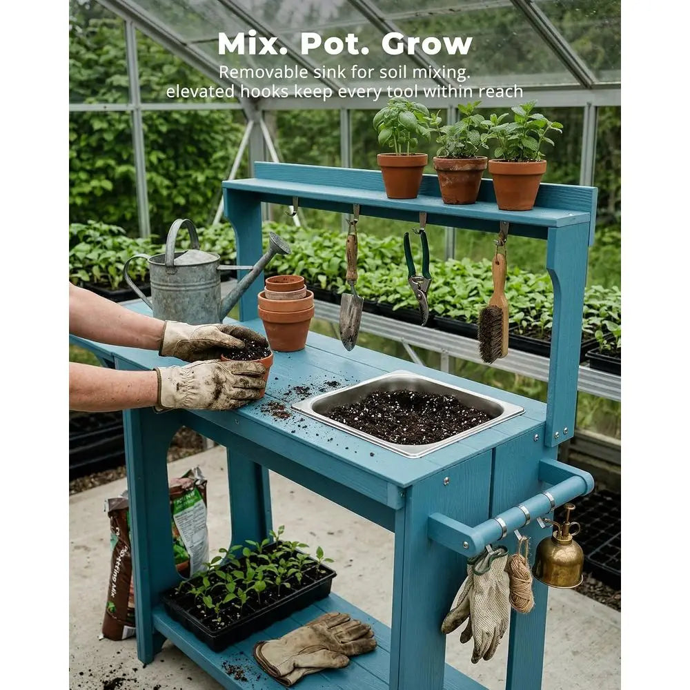Outdoor Potting Bench With Removable Sink And Foldable Extension