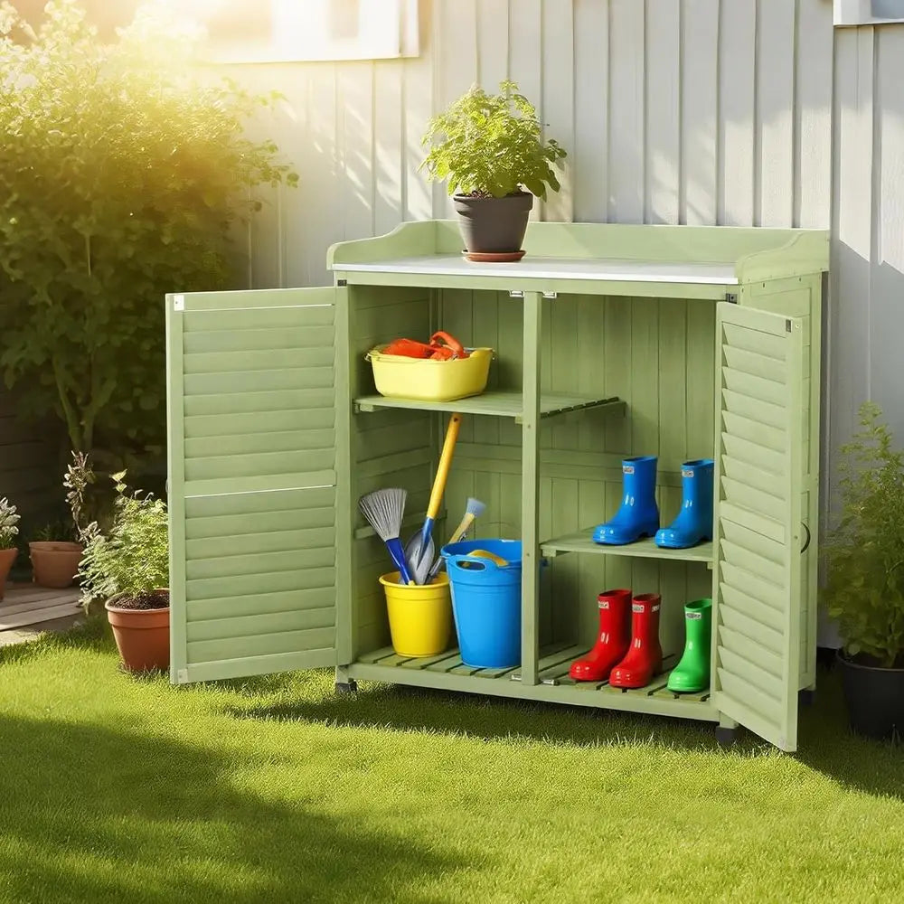 Outdoor Potting Bench With Metal Work Top And Waterproof Cabinet