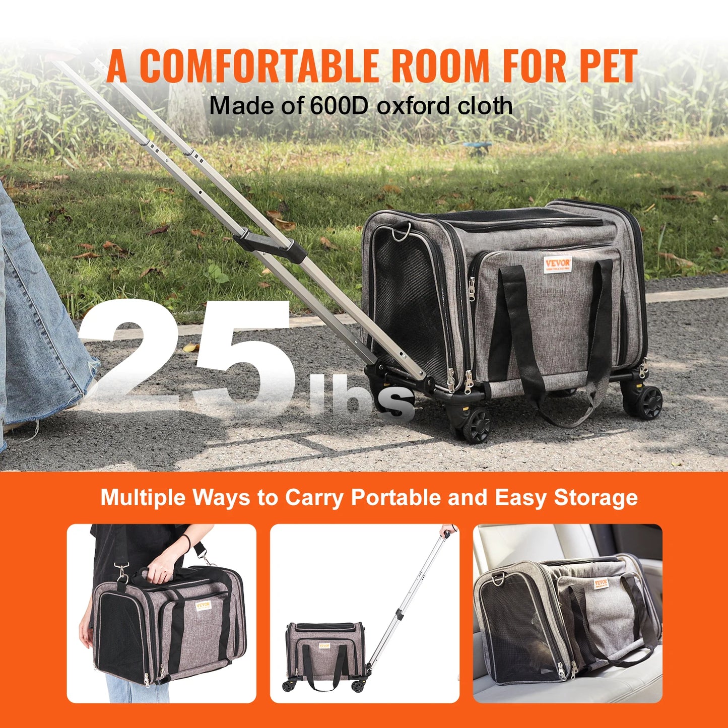 Pet Cat Carrier Backpack With Wheels And Telescopic Handle For Travel