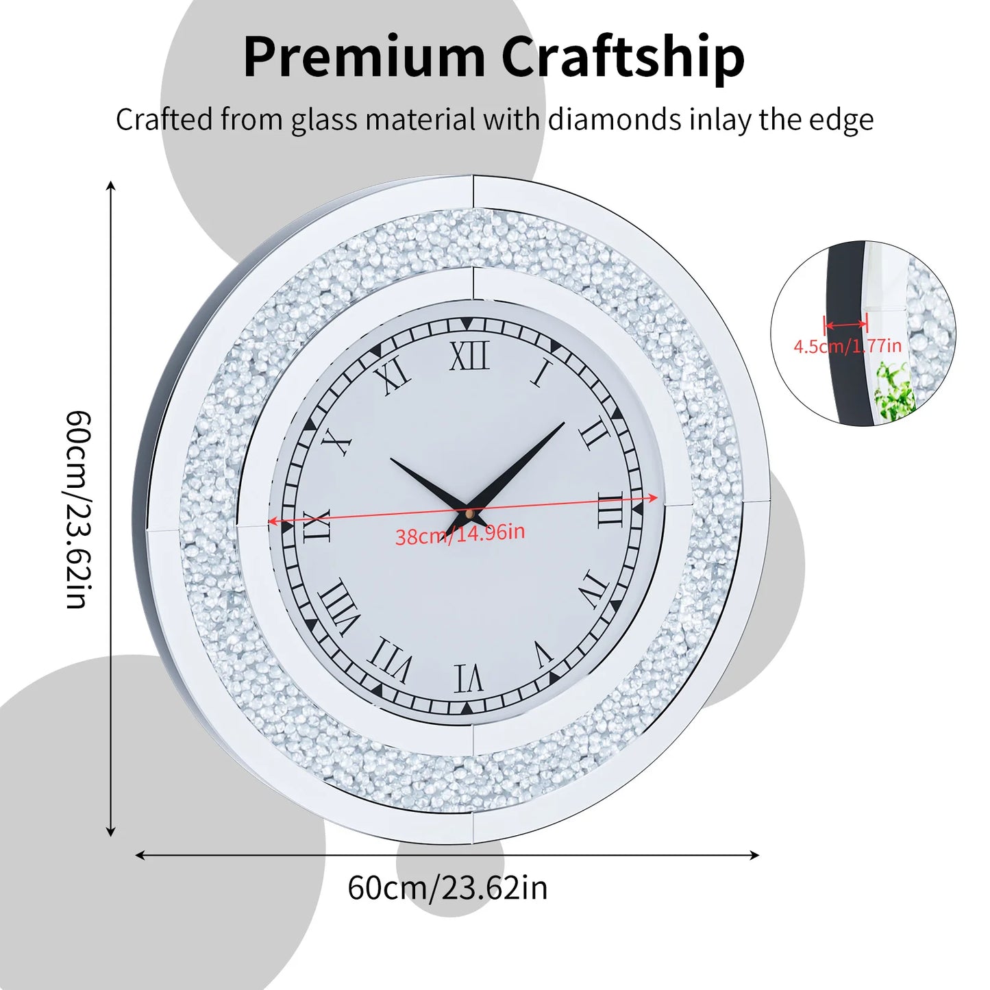 Round Mirror Clock With Crystal Sparkle Accents For Living Room