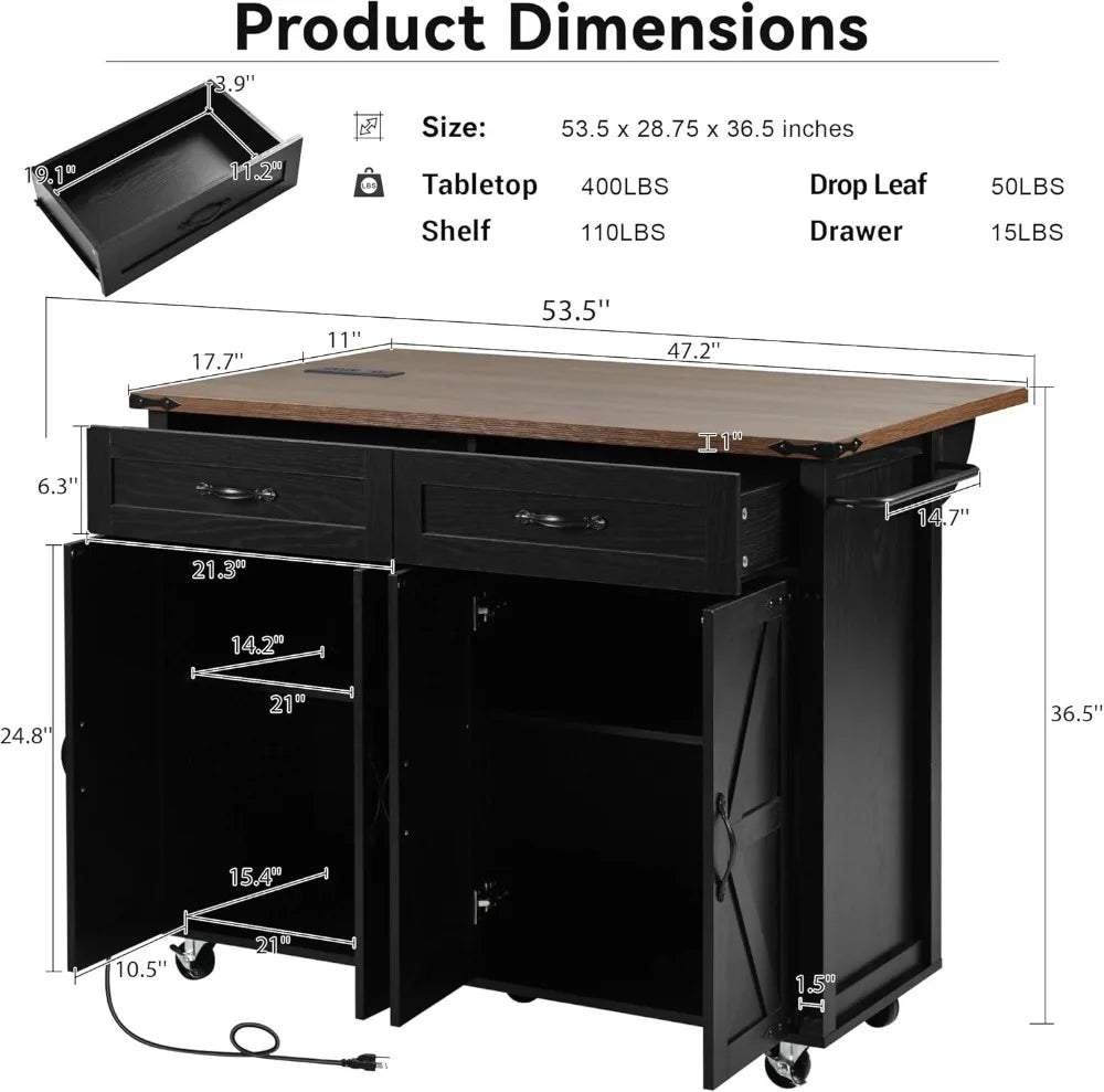 Farmhouse Rolling Kitchen Island With Power Outlet And Storage Cart