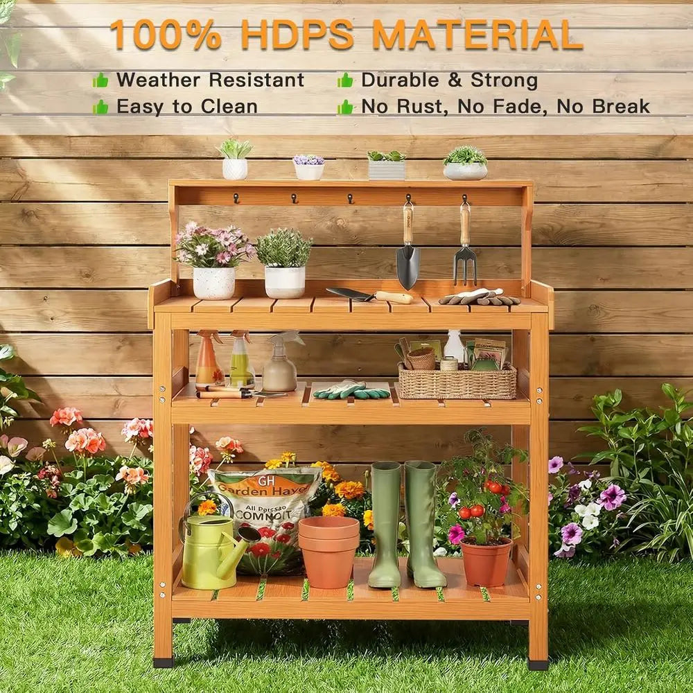Potting Bench Table With 9 Hooks Outdoor Garden Workstation