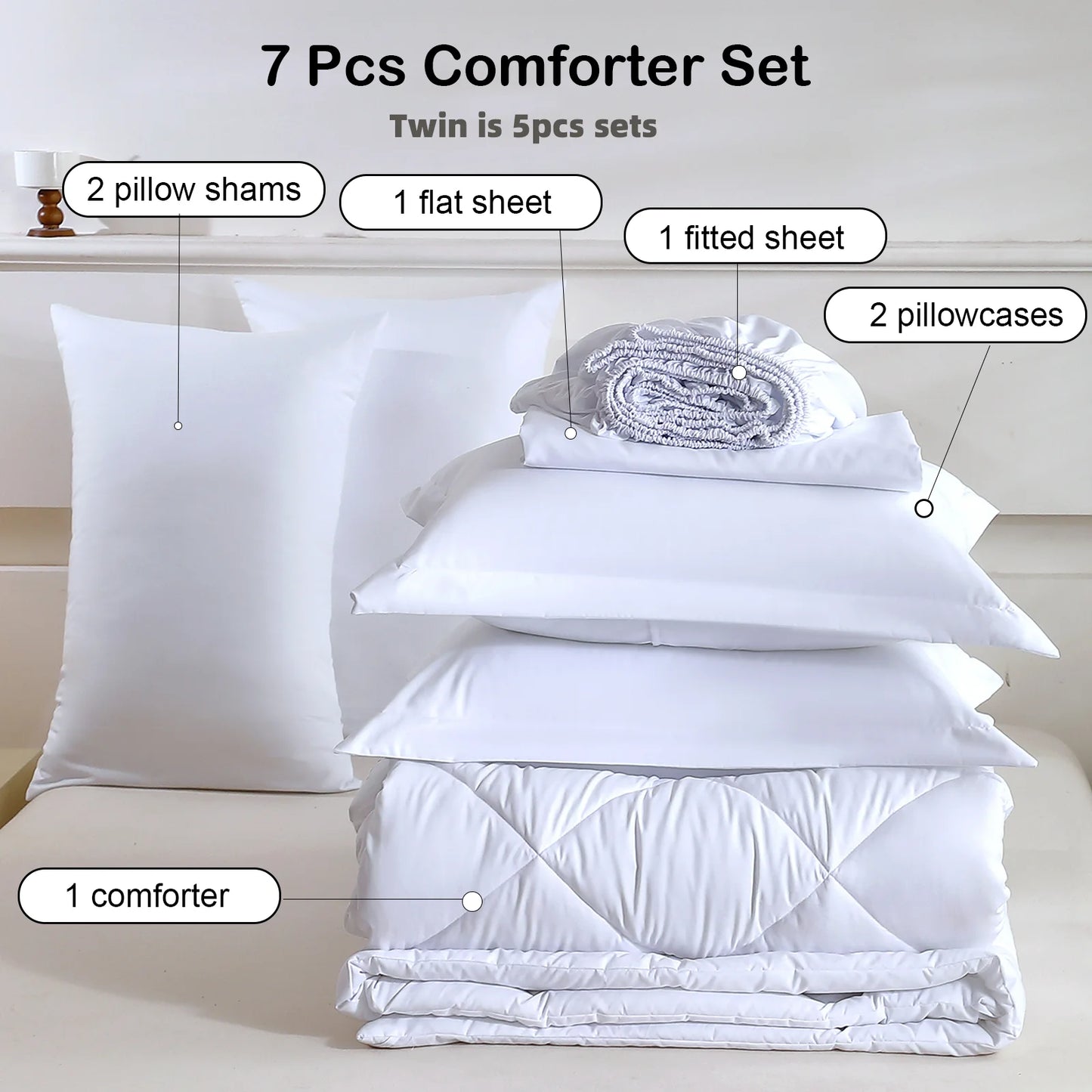 EasYum 7 Piece Bedding Set Comforter Flat Sheet Fitted Pillowcases