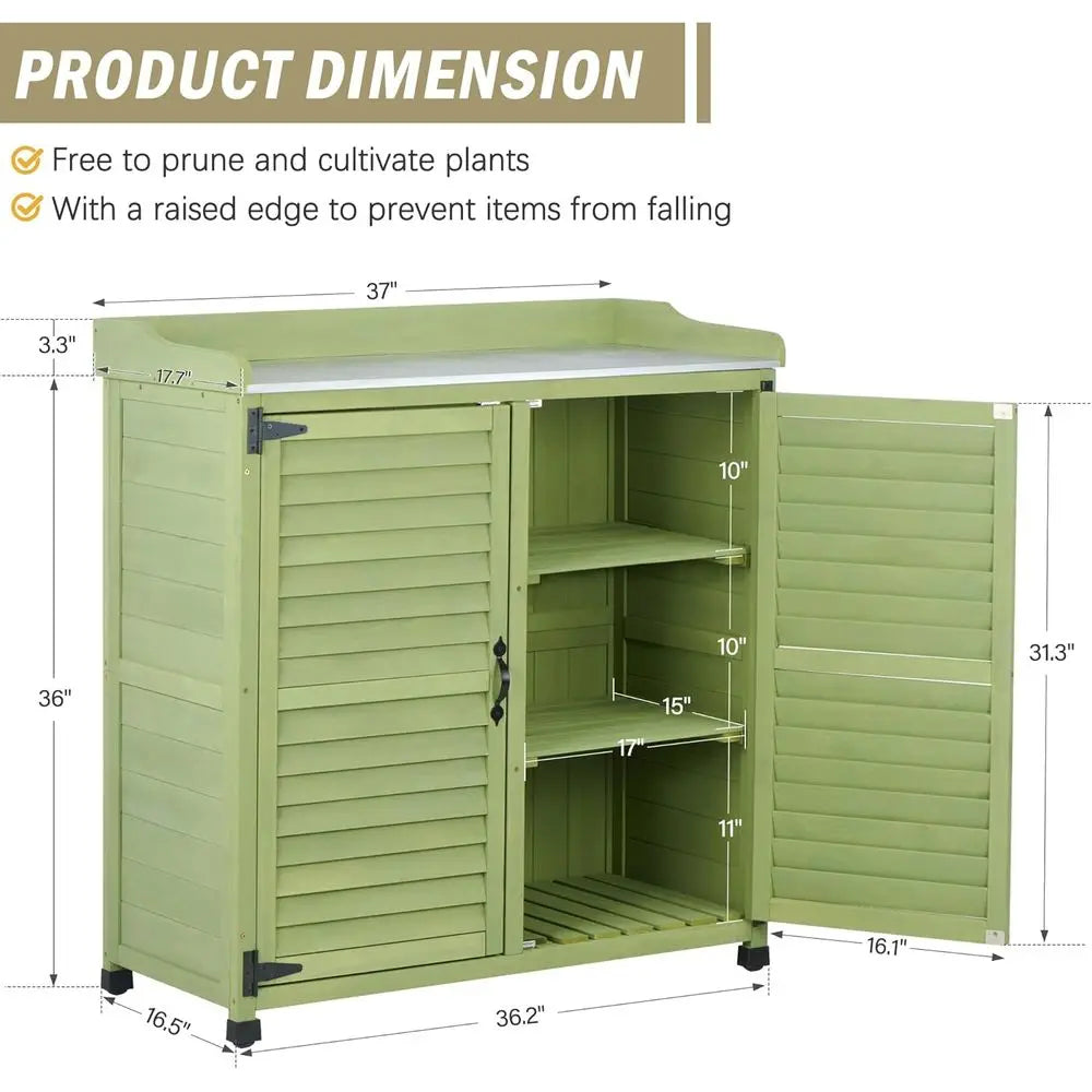 Outdoor Potting Bench With Metal Work Top And Waterproof Cabinet