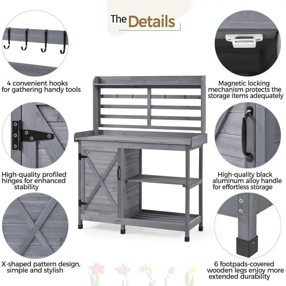 Outdoor Potting Bench Workstation With Storage Cabinet Shelving