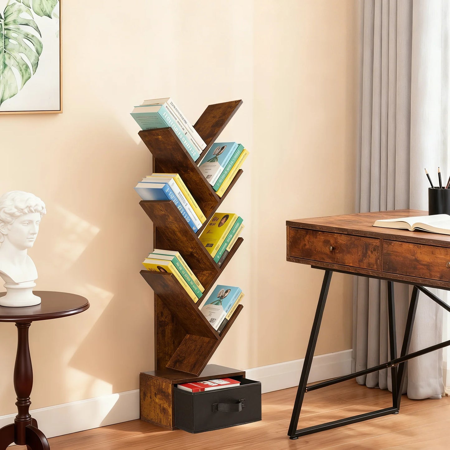 JHK Geometric Wooden Book Rack With Drawer Bookshelf For Home