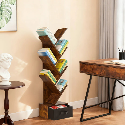 JHK Geometric Wooden Book Rack With Drawer Bookshelf For Home
