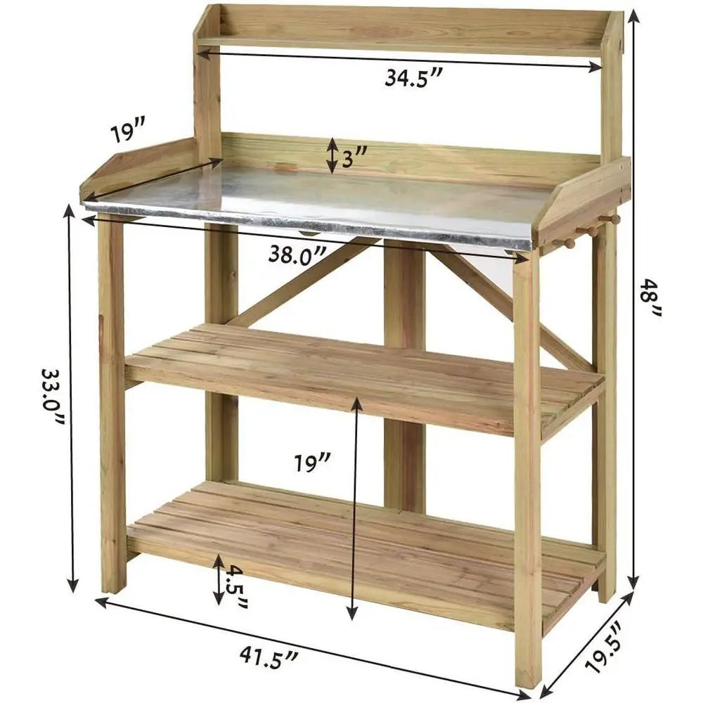 Garden Potting Bench With Galvanized Steel Top And Hooks