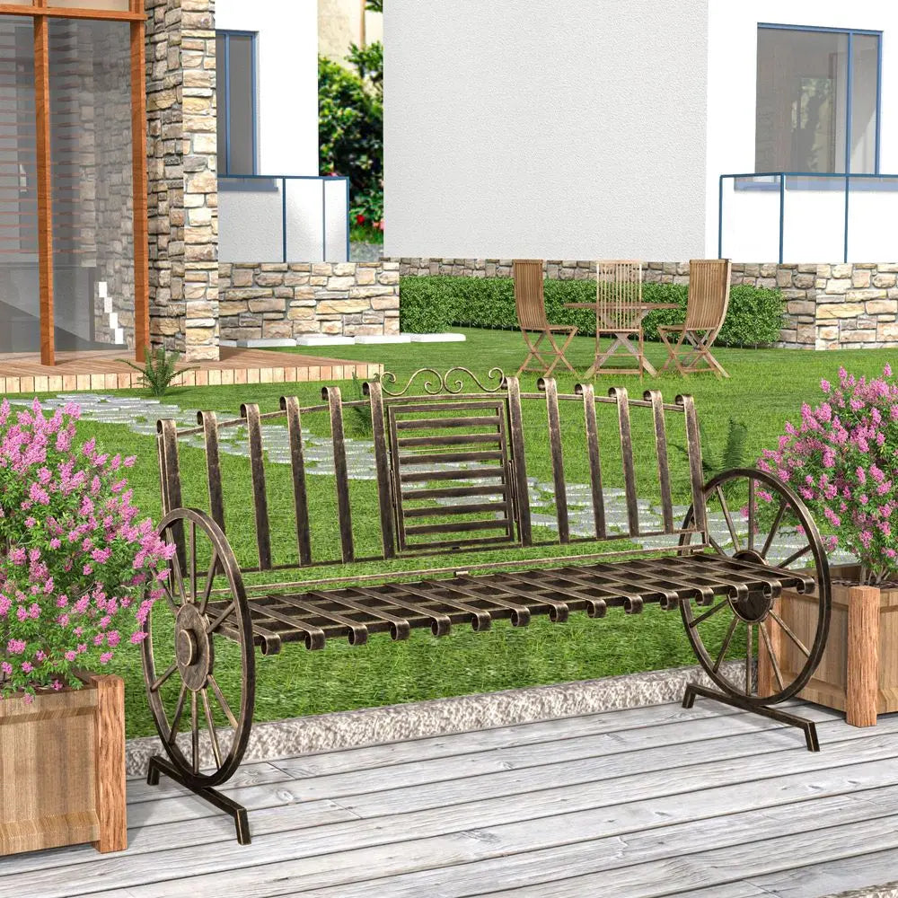 Outdoor Garden Bench With Built In Table And Wagon Wheel
