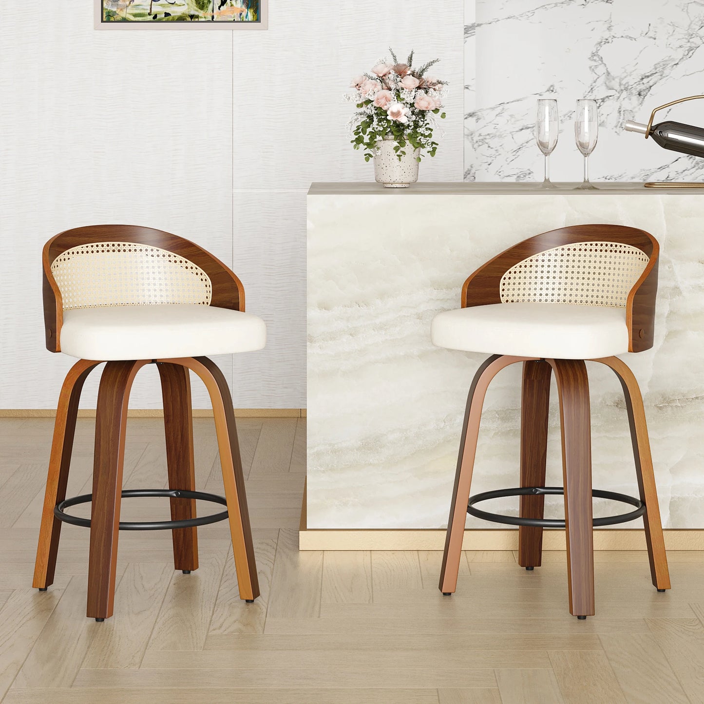 FARINI 2 Bar Stools With Rattan Back And PU Leather