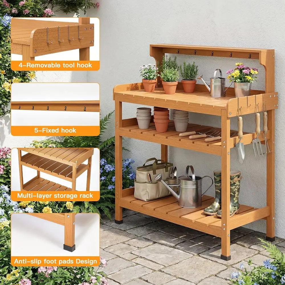 Potting Bench Table With 9 Hooks Outdoor Garden Workstation
