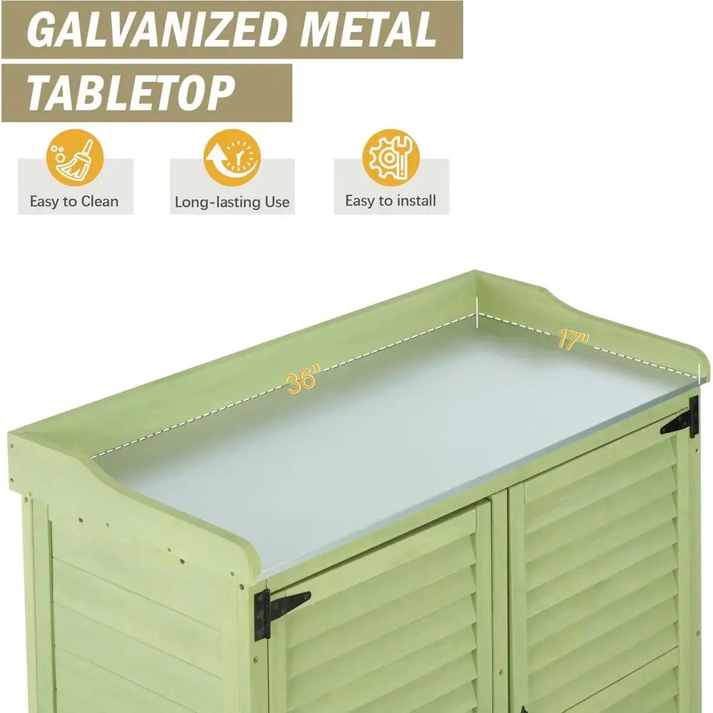 Outdoor Potting Bench With Metal Work Top And Waterproof Cabinet