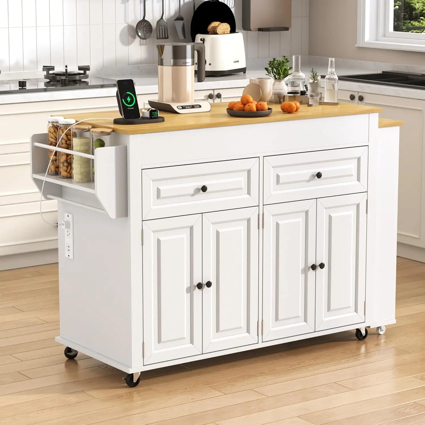 Extendable Kitchen Island With Dining Table And Power Outlet