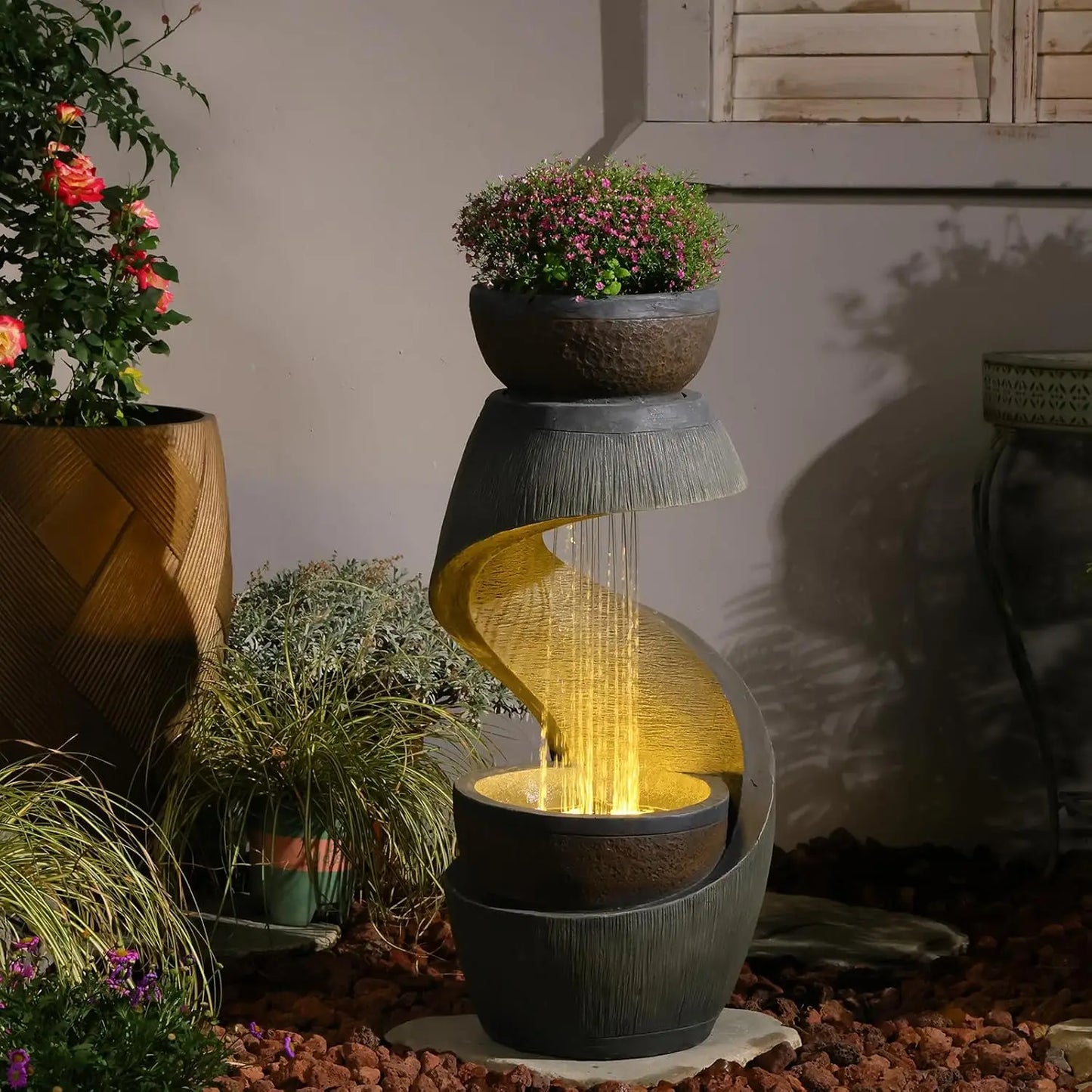 Outdoor S Shaped Water Fountain with Led Lights and Planter
