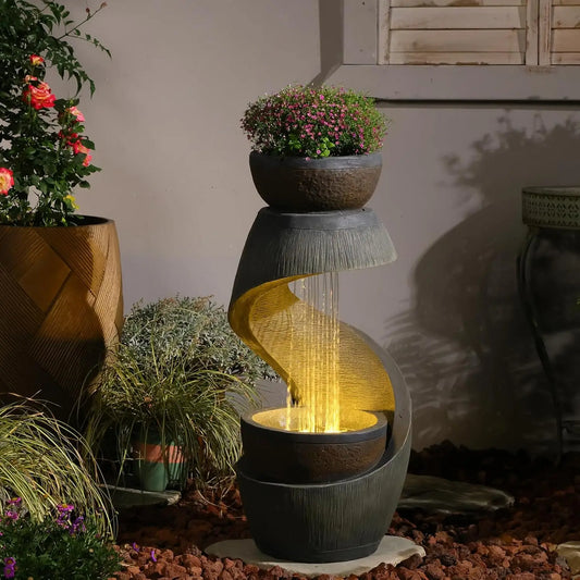 Outdoor S Shaped Water Fountain with Led Lights and Planter