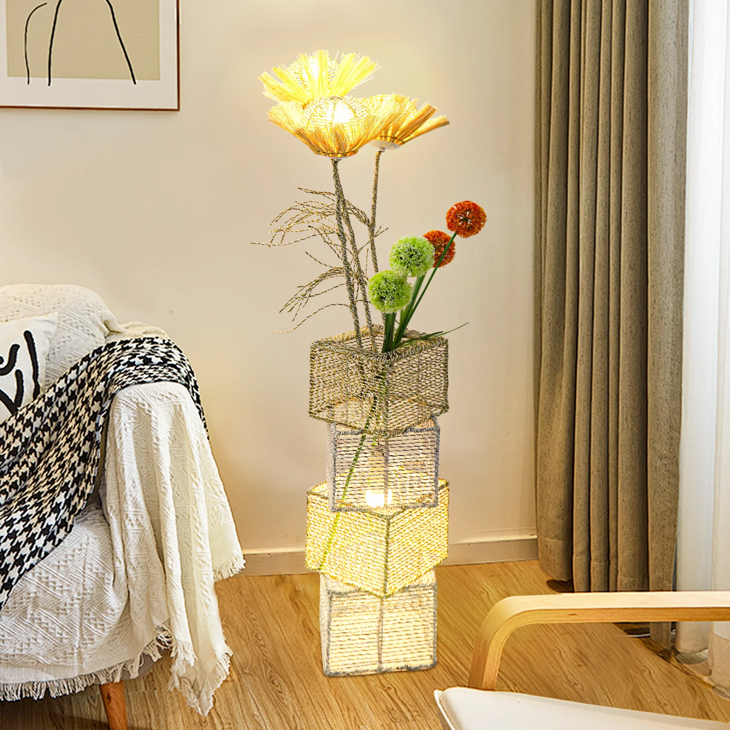 Modern Rattan Floor Lamp With Dimmable LED Night Light