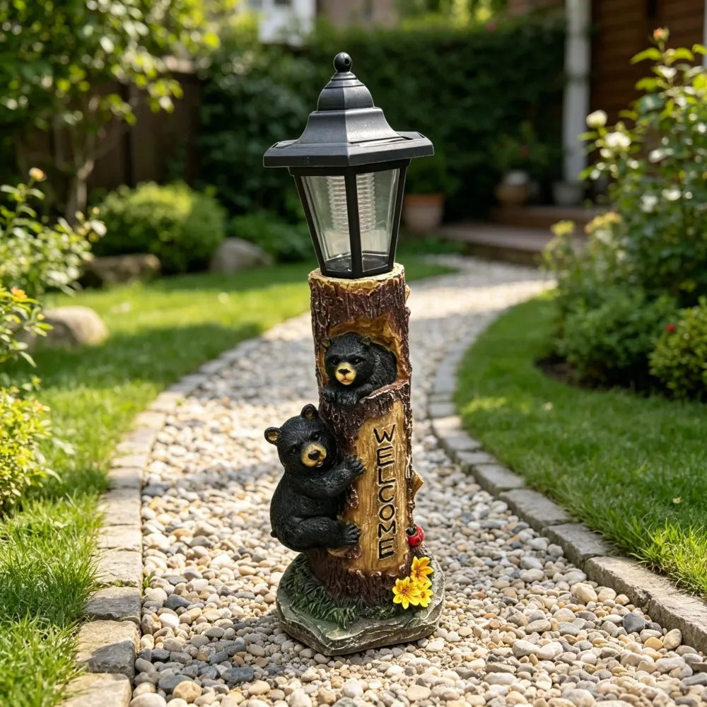 Solar Powered Bear Welcome Statue For Garden