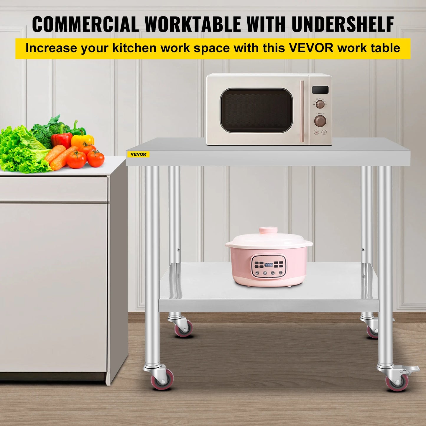 SucceBuy Stainless Steel Kitchen Prep Table With Caster Wheels