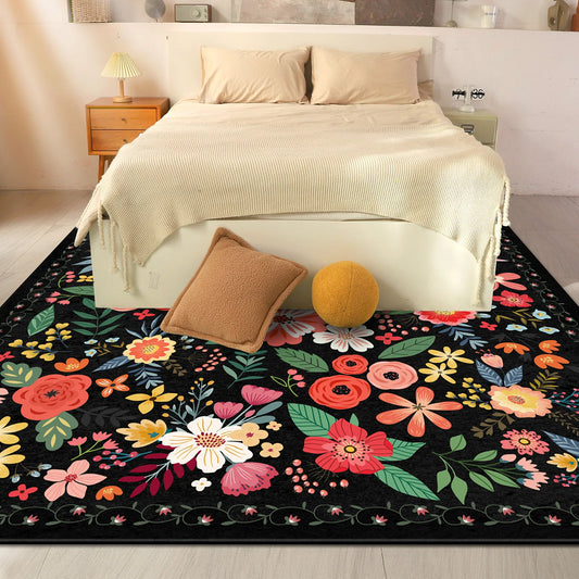 Boho Floral Washable Rug Non Slip Low Pile For Home