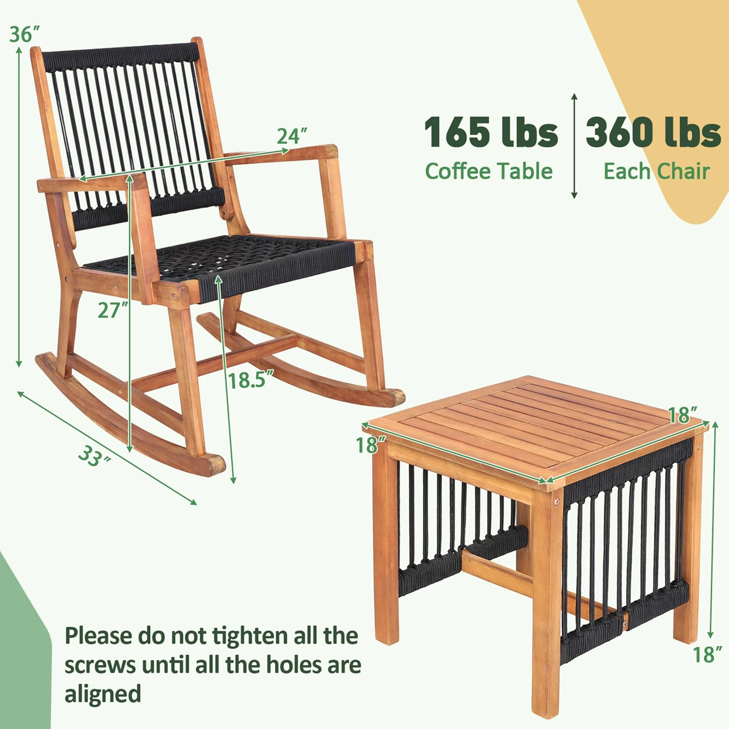 HOMASIS 3-Piece Patio Acacia Wood Bistro Table And Rocking Chairs
