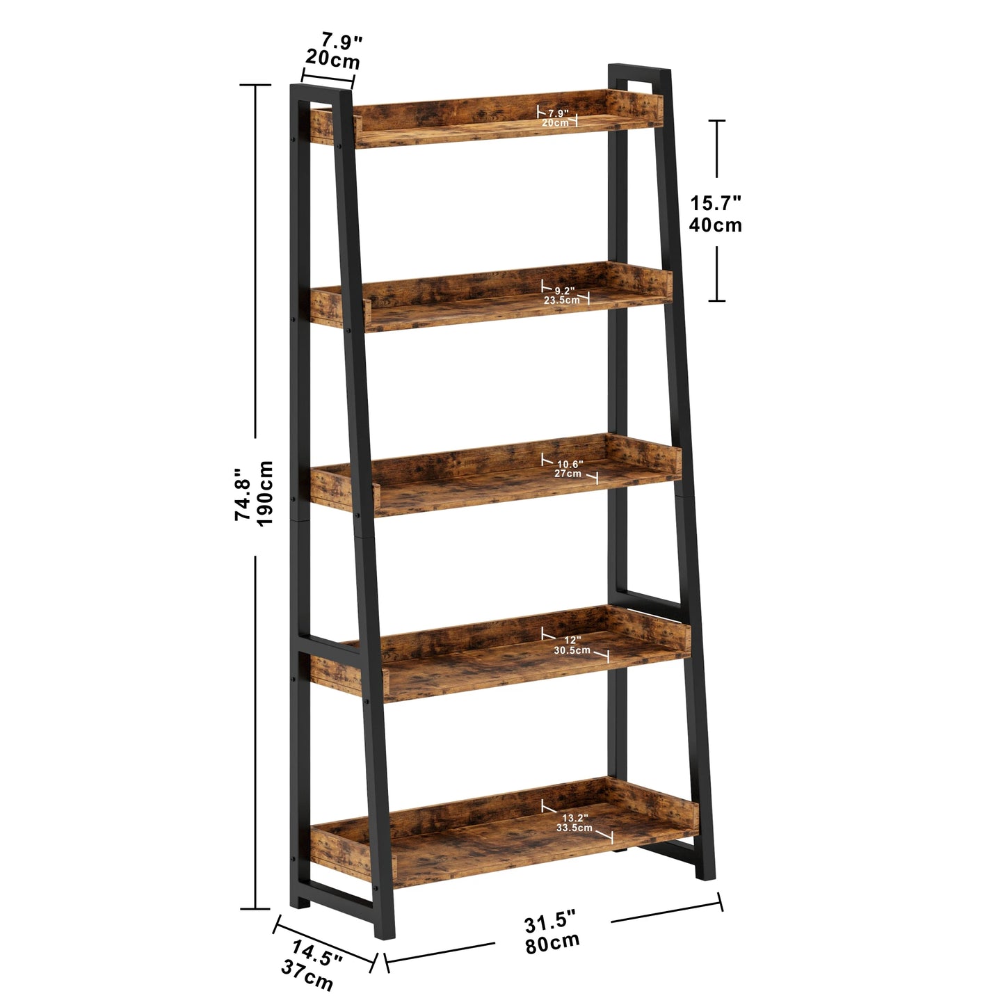 Ironck Industrial Bookshelf 5 Tier Ladder Shelf Metal Storage Unit