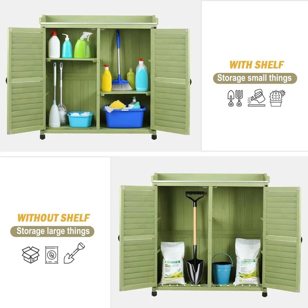 Outdoor Potting Bench With Metal Work Top And Waterproof Cabinet