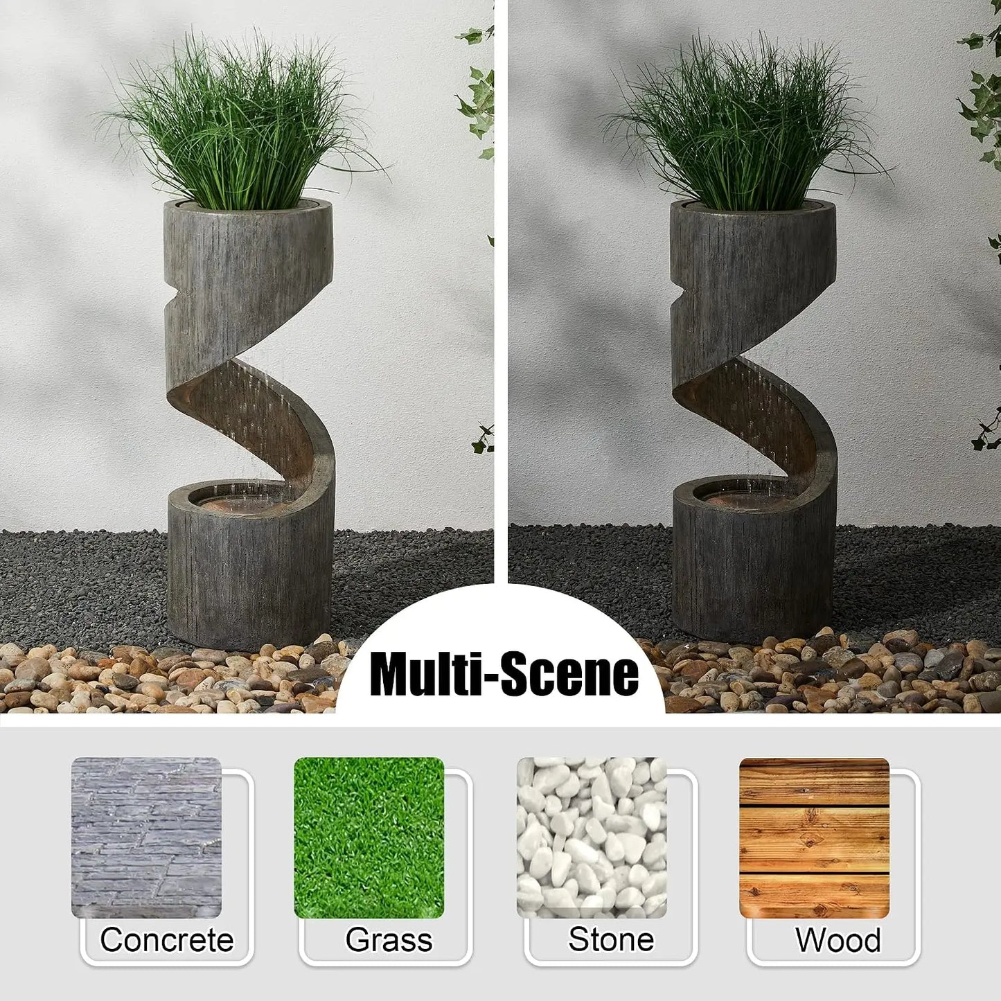 Outdoor LED Water Fountain with Spiral Waterfall and Stone Planter