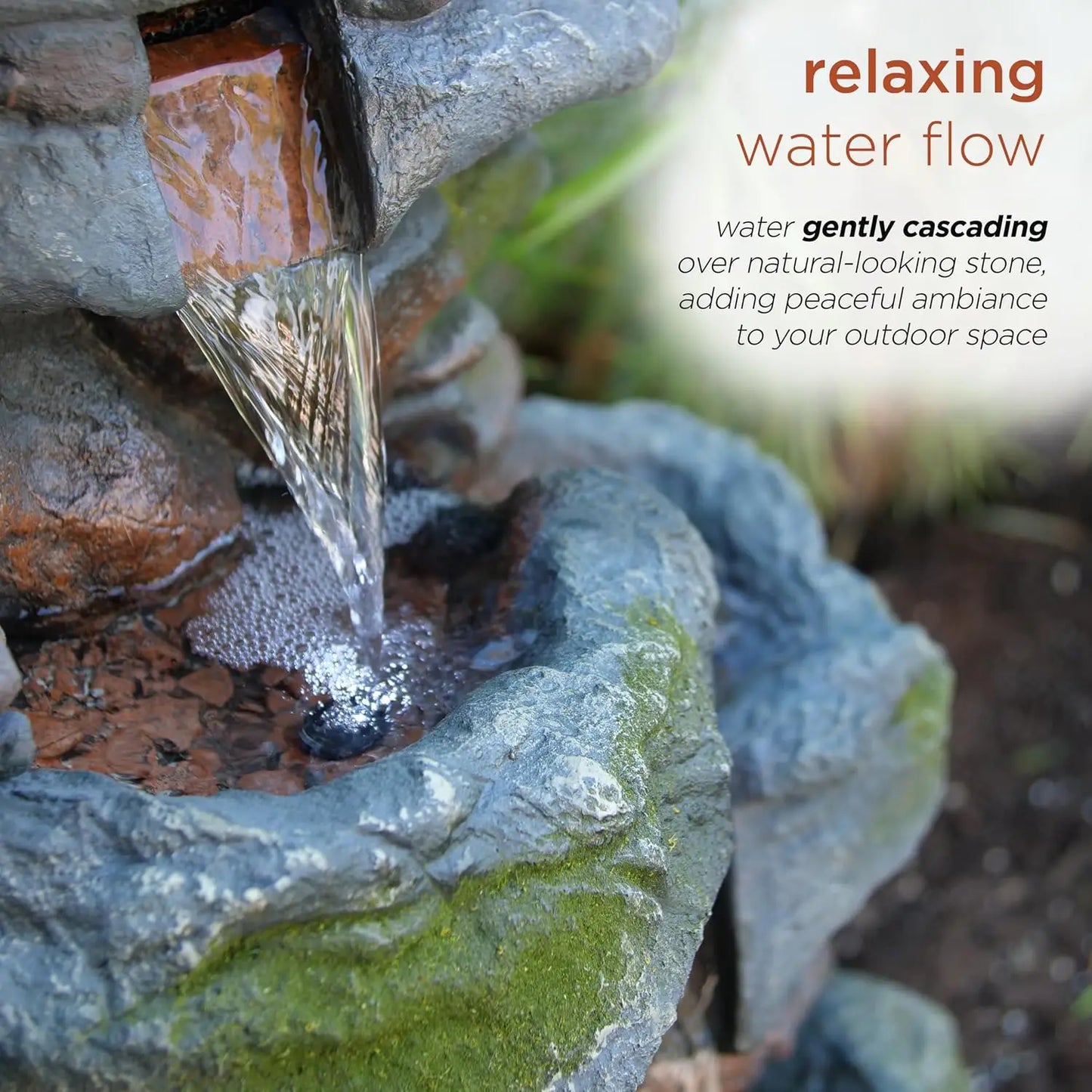 Outdoor Rock Waterfall Fountain With LED Lights, 3-Tier