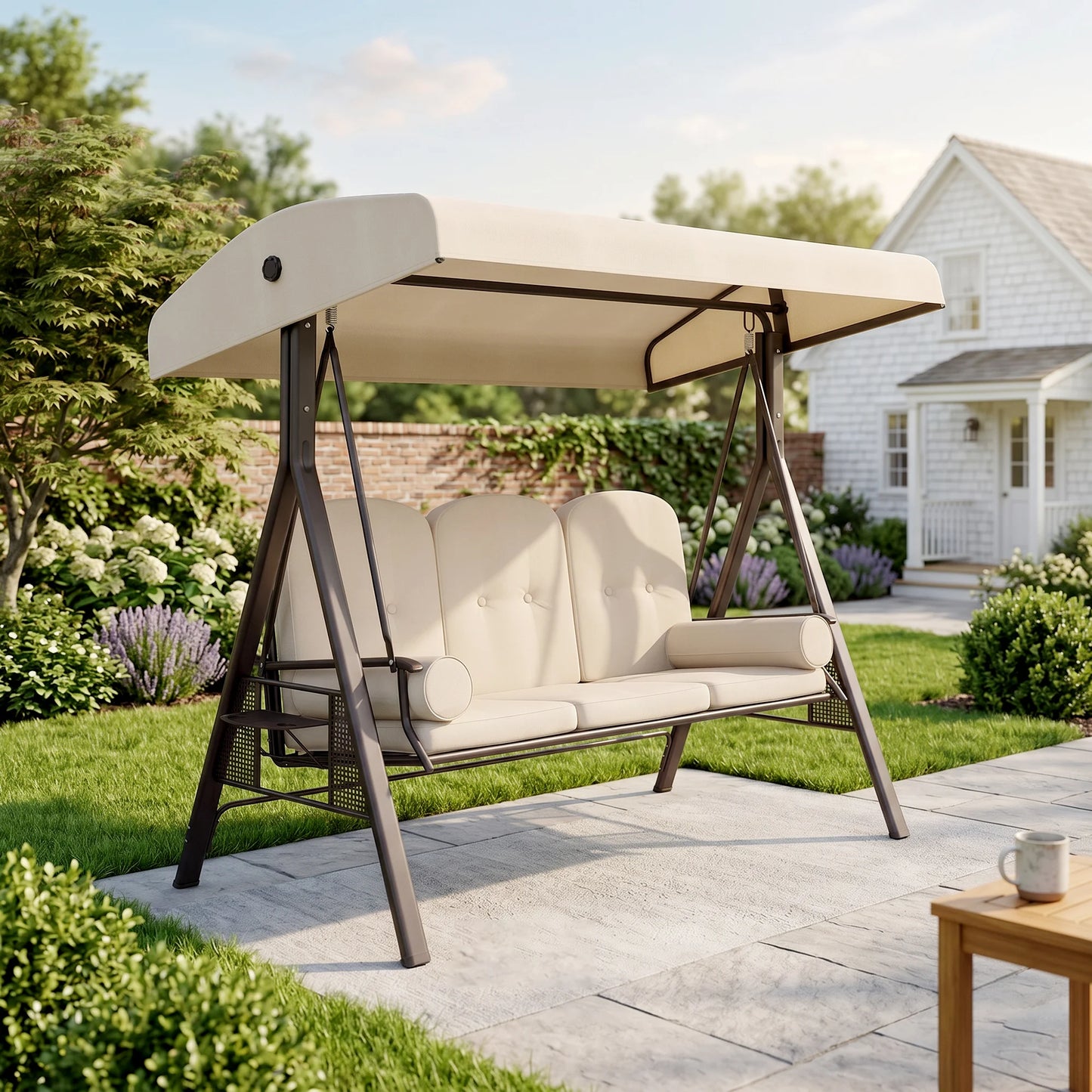 Three Person Outdoor Patio Canopy Cushioned Bench Swing