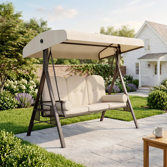 Three Person Outdoor Patio Canopy Cushioned Bench Swing