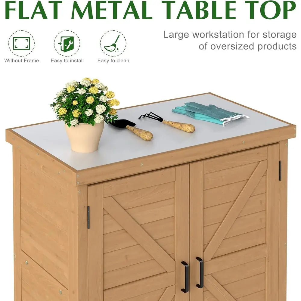 Outdoor Storage Cabinet Potting Bench Table With Metal Top