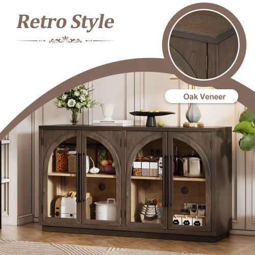 Arched 4-Door Sideboard Buffet Cabinet With Glass Doors