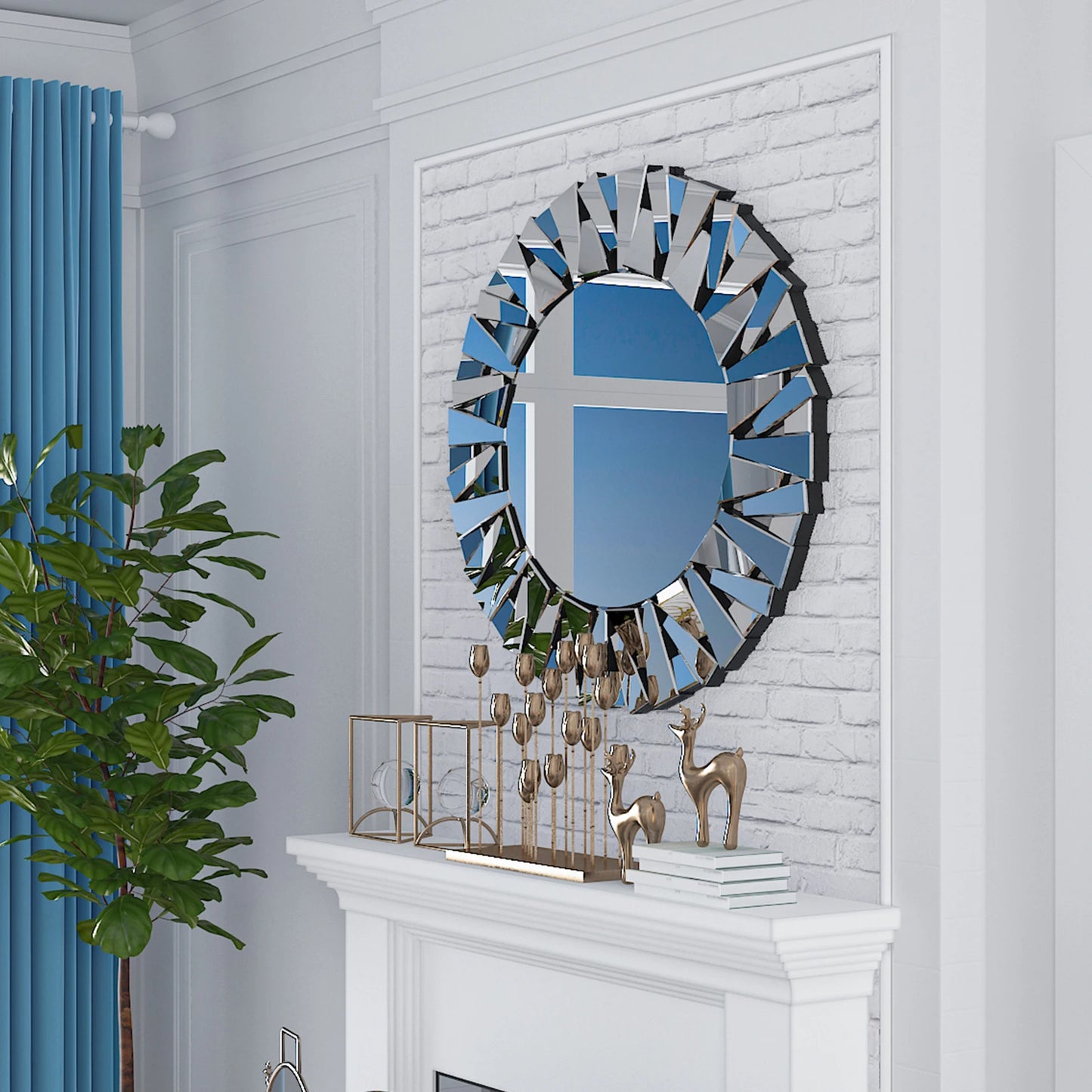 Sunburst Round Mirror Wall Decor With Beveled Glass