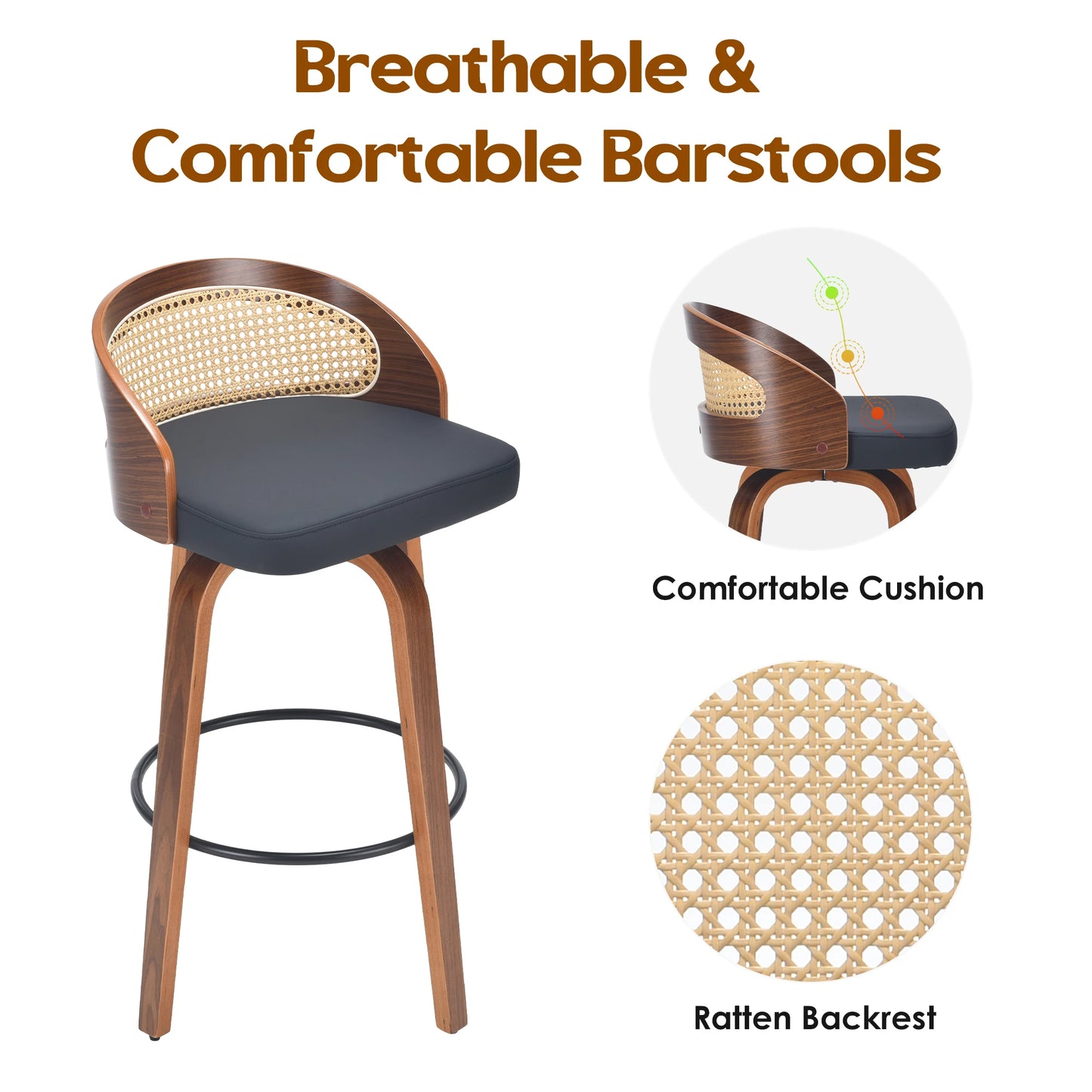 FARINI 2 Bar Stools With Rattan Back And PU Leather