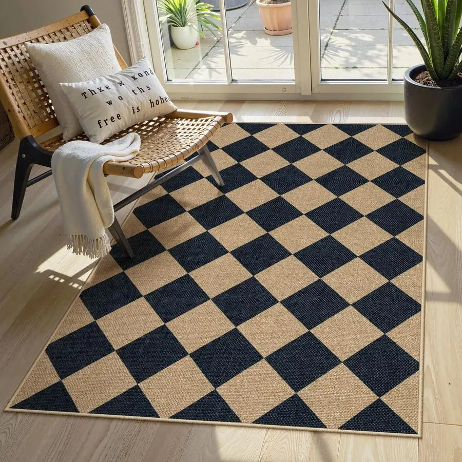 Checkered Jute Outdoor Rug Washable For Entryway And Living Spaces