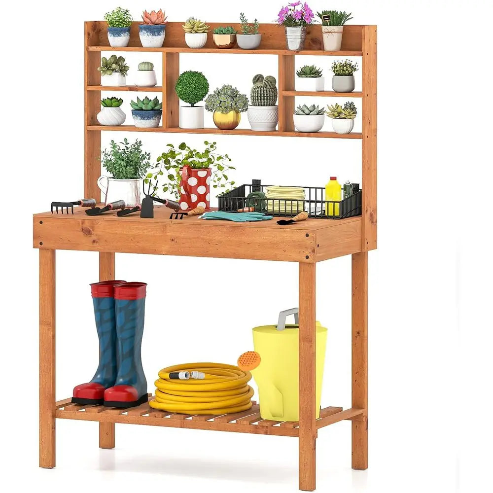 Potting Bench Table Outdoor Solid Wood Gardening Workstation