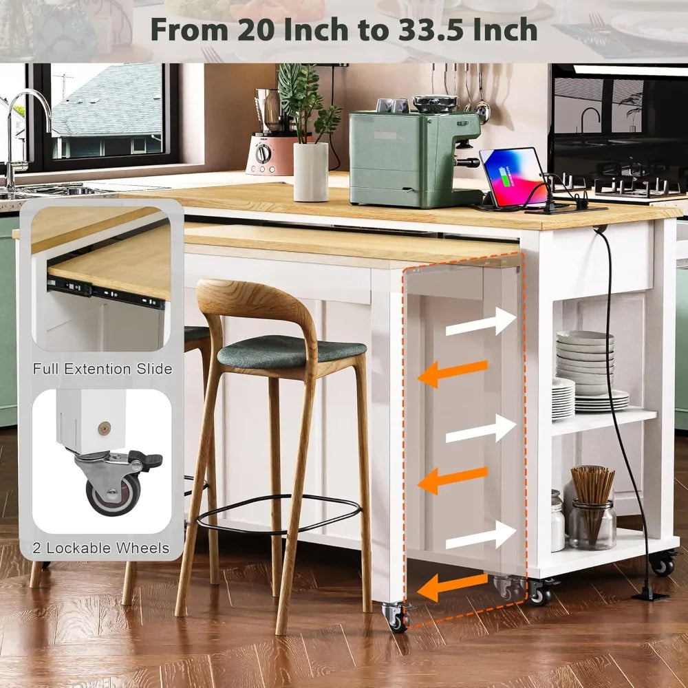 Kitchen Island With Extendable Table Power Outlet Storage Drawers Cabinets