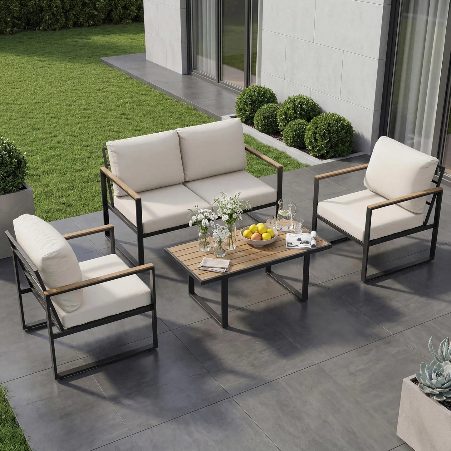 HobbyLane Modern 4 Piece Outdoor Patio Furniture Set With Coffee Table