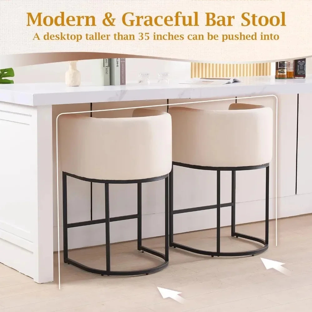 Modern Barrel Counter Stool Set Of 2 With Backrest And Arms Linen Upholstered