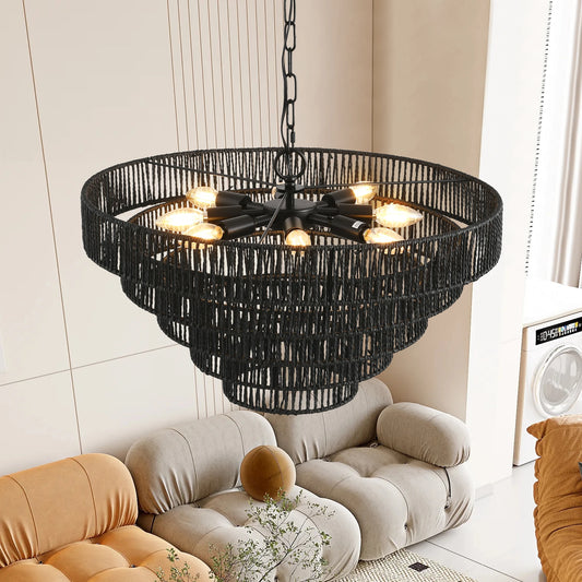 ZHIKEA Rustic Hemp Rope Pendant Chandelier with Eight E12 Sockets