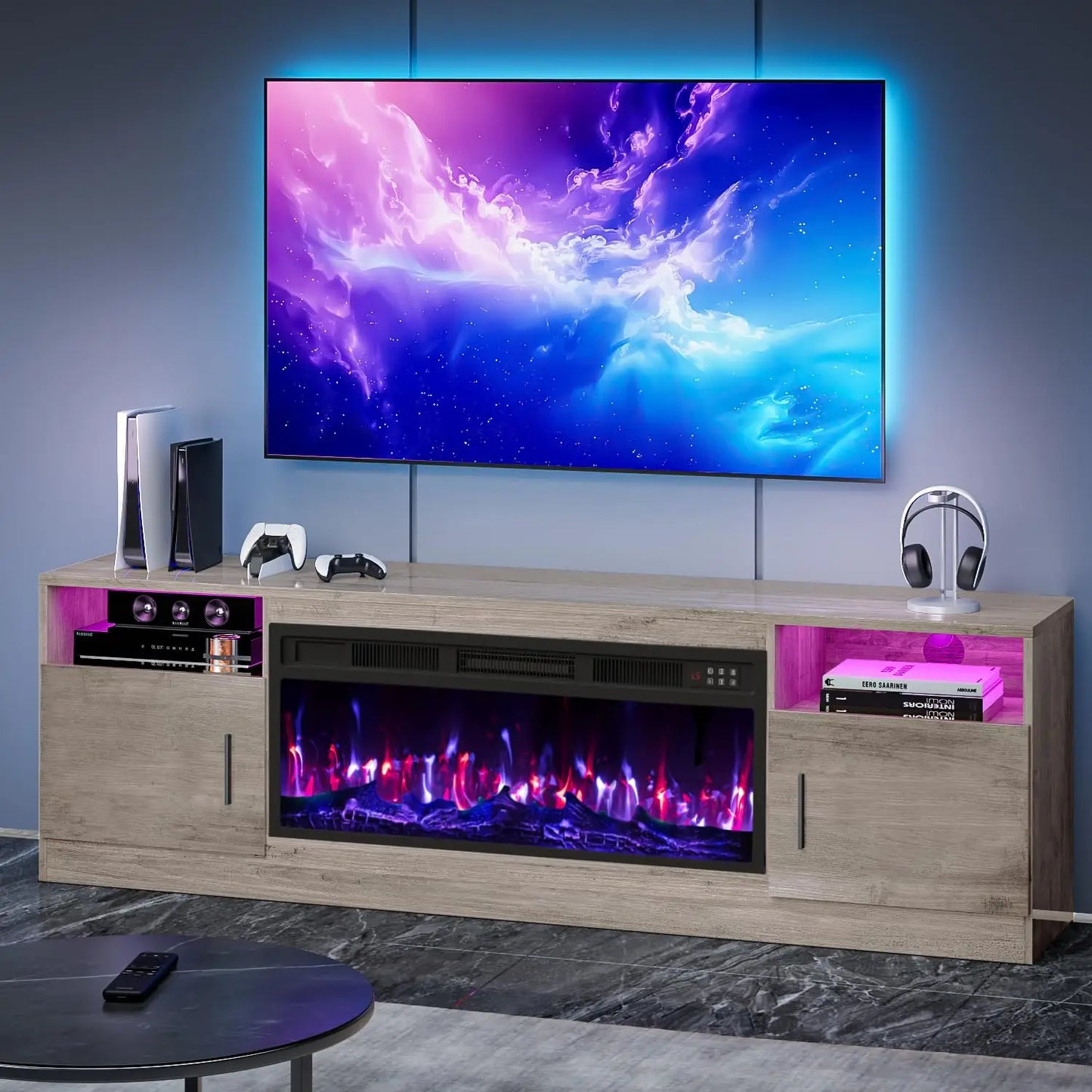 TV Stand With Fireplace LED Lighting For Living Room